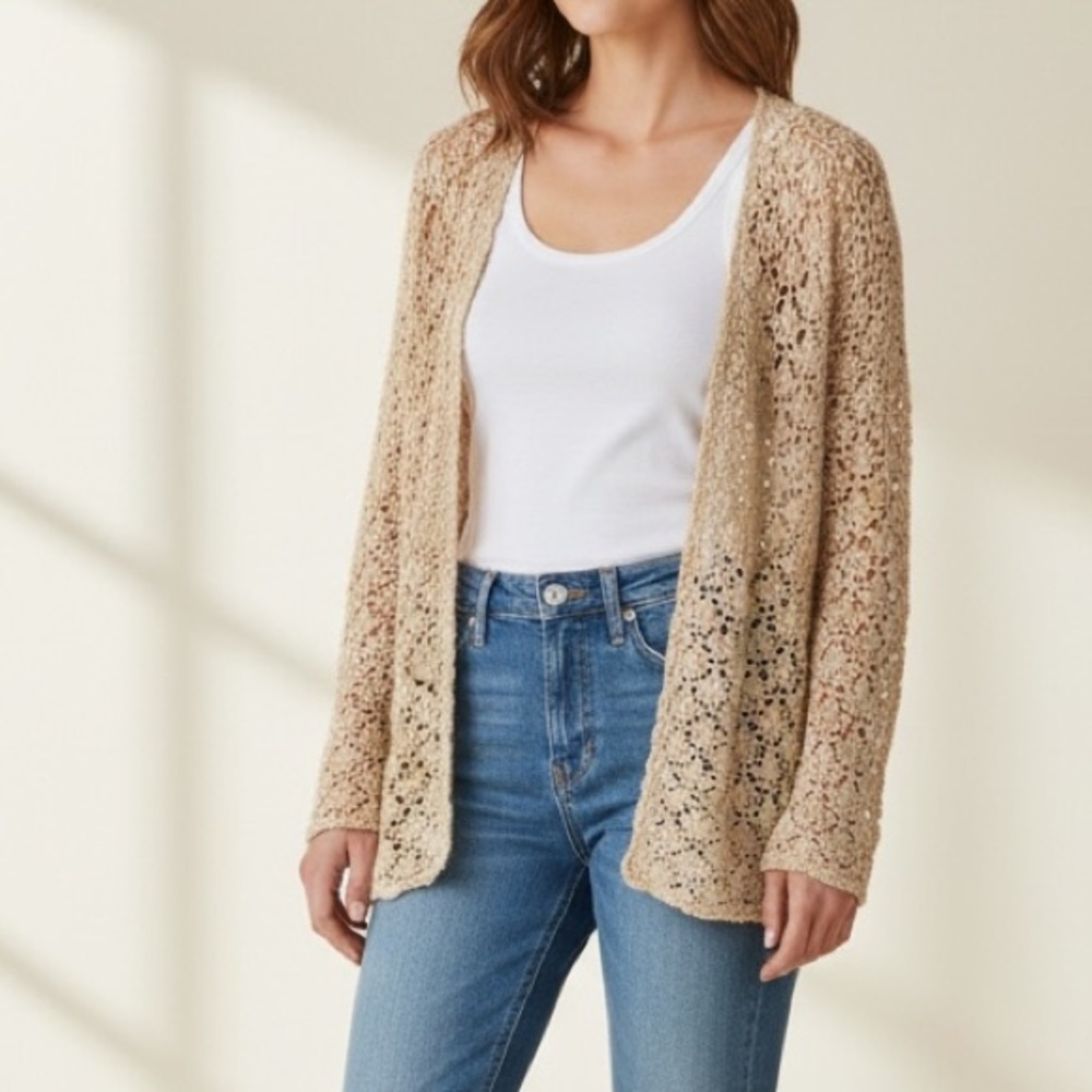 Vintage Tiara Beige Open-Front Floral Crochet Cardigan Boho Western